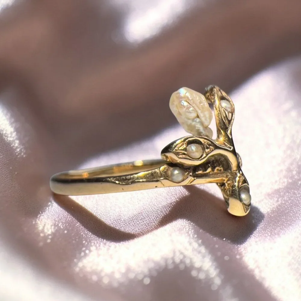 ANTIQUE- Art Nouveau - 14K Gold- Baroque Pearl & Seed Pearl Ring -Size 6.5 -1.2g - Picture 17 of 17